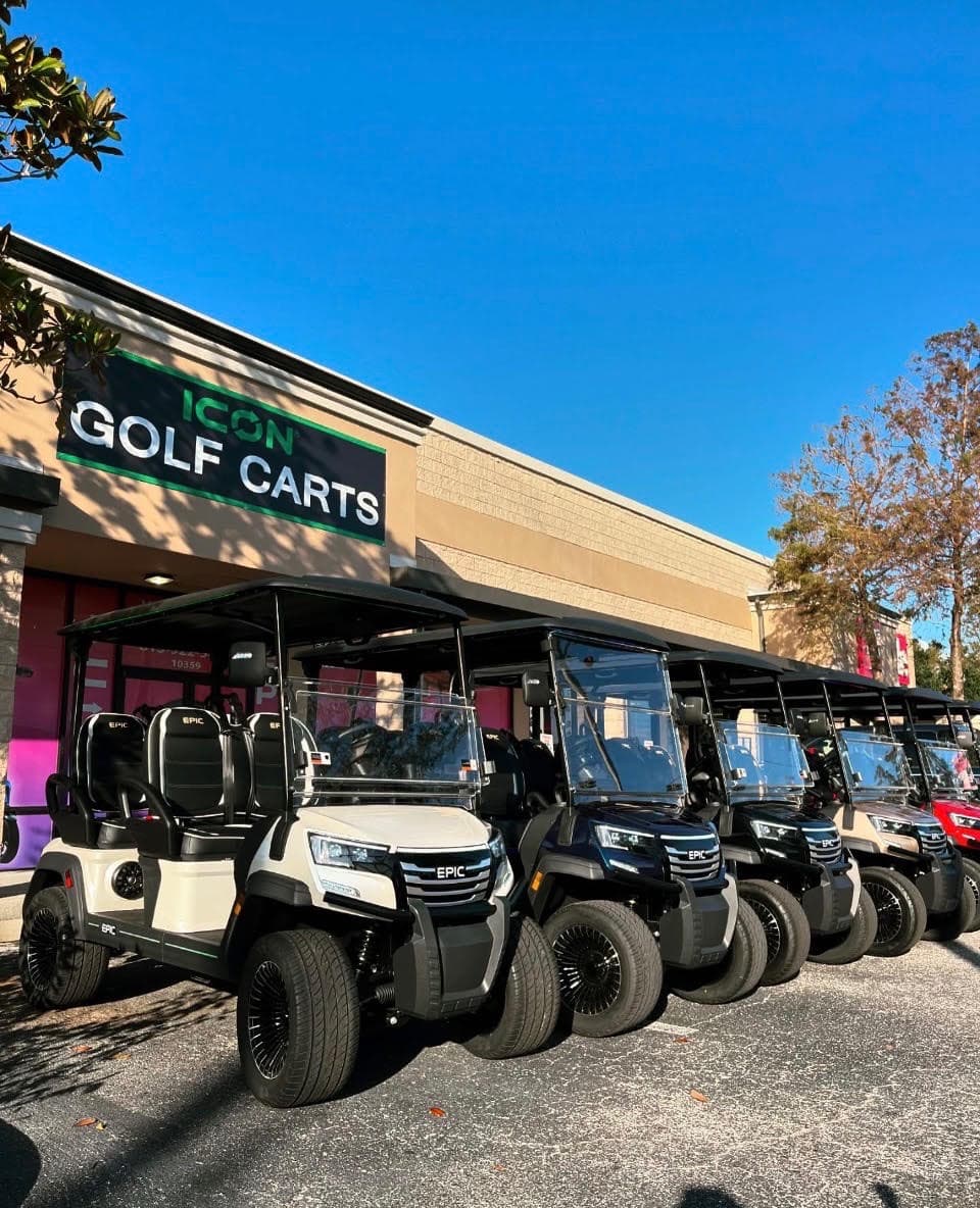 ICON Golf Carts storefront in Largo with a red lifted cart out front
