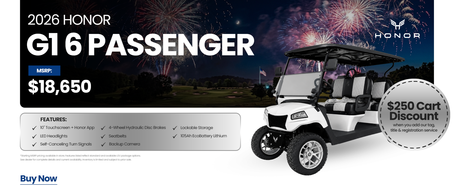 2026 Honor G1 six-passenger white electric golf cart featuring a touchscreen, hydraulic disc brakes, EcoBattery lithium power, and a $250 cart discount offer.
