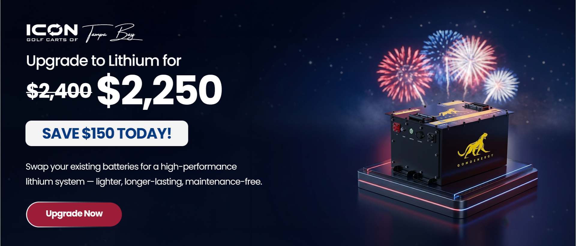ICON Golf Carts lithium battery upgrade special offering a high-performance, longer-lasting lithium power system with $150 savings.