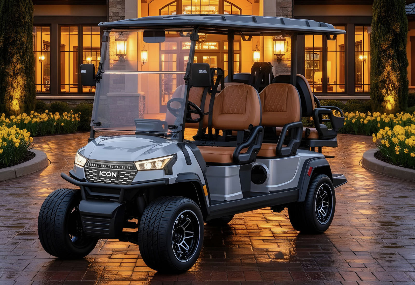 2026 ICON i60LX six-seat luxury golf cart in silver with brown calfskin seats