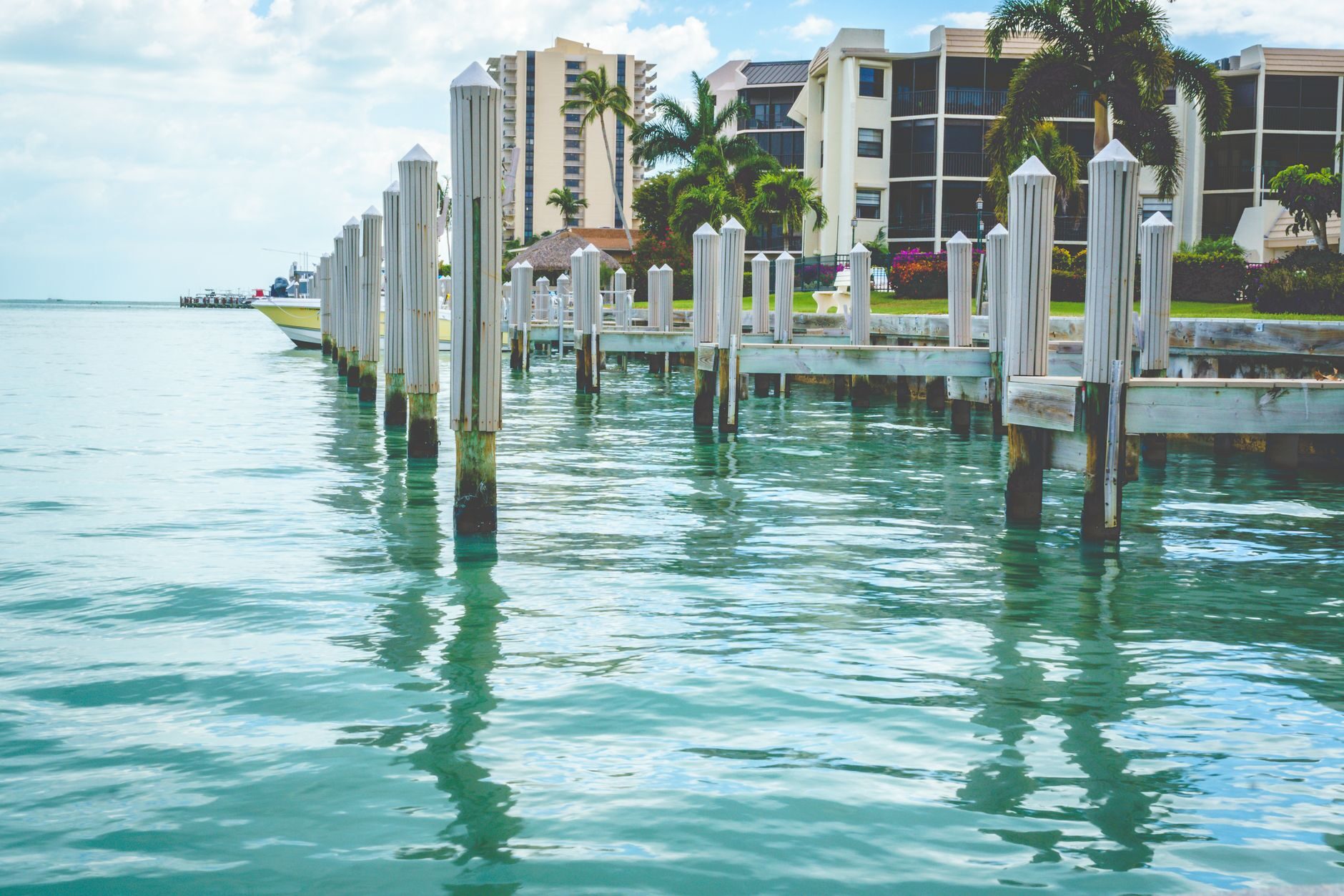 White dock pilings extending into turquoise Gulf water with a coastal condo and palm tree
