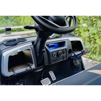 Epic E40FX dash and digital center with lockable compartments – modern ICON golf cart controls and storage layout