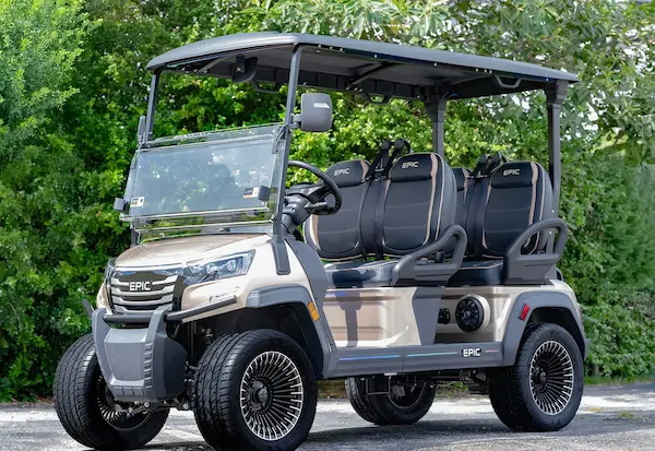 Epic E40FX 2025 electric golf cart in champagne finish – 4-passenger ICON model with lithium battery, digital display, and premium features for Tampa Bay drivers