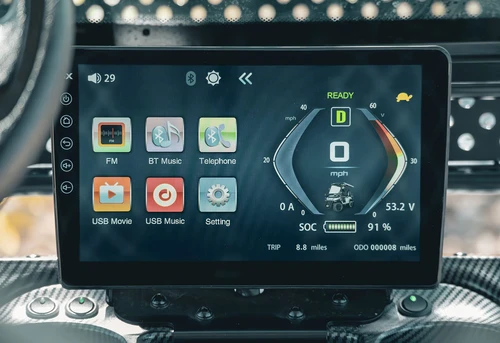 10.1-inch EPIC E40L touchscreen dash with digital gauges, FM radio, USB media, and Bluetooth connectivity