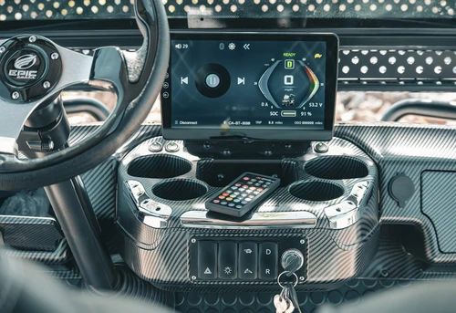 Multimedia dash and cup holder console of EPIC E40L with touchscreen controls