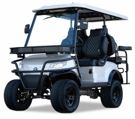 2025 EPIC E40L lifted 4-passenger electric golf cart in white with diamond-stitched seats, EcoXGear soundbar, front brush guard, and street tires – front angle view
