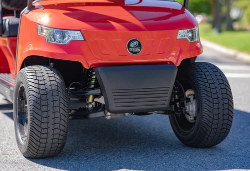 Front view of EPIC E60 6-passenger electric golf cart with red body and street tires