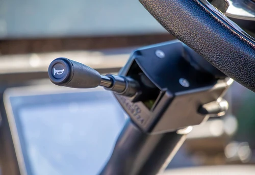 Turn signal and horn control stalk on EPIC E60 steering column with Bluetooth dash in background