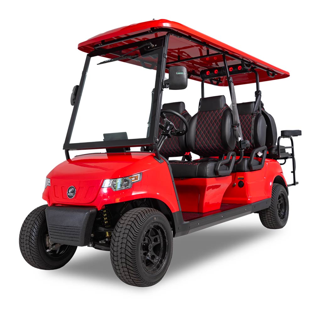 2025 EPIC E60 6-passenger electric golf cart in red with diamond-stitched seats, Bluetooth soundbar, glass windshield, and street tires – front passenger-side view