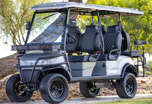 2025 EPIC E60L 6-passenger golf cart in silver with diamond-stitched seating and foldable rear step