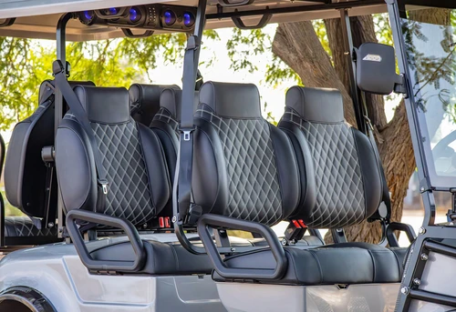 Interior view of EPIC E60L middle row with high-back bolstered seats and EcoXGear soundbar overhead