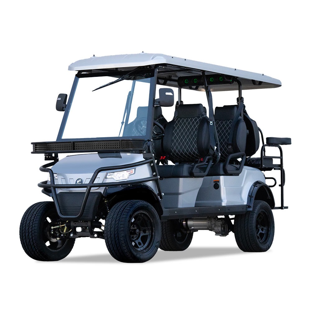 2025 EPIC E60L 6-passenger electric golf cart in silver with diamond-stitched seats, EcoXGear soundbar, front brush guard, and glass windshield – passenger-side view