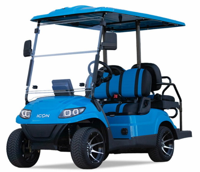 ICON i40 4-passenger electric golf cart in blue with black premium seats and extended roof, street-legal model shown at front angle