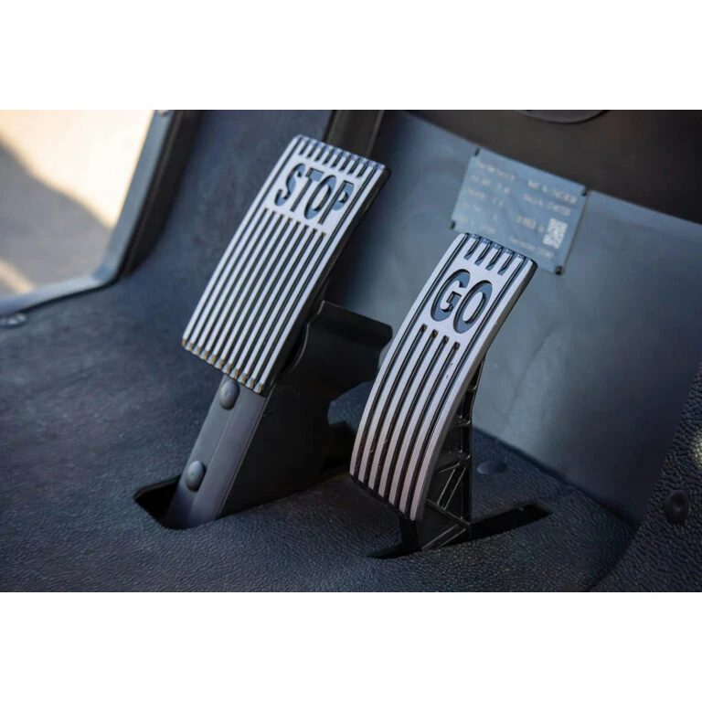 STOP and GO aluminum floor pedals – ICON i40L driver foot control close-up