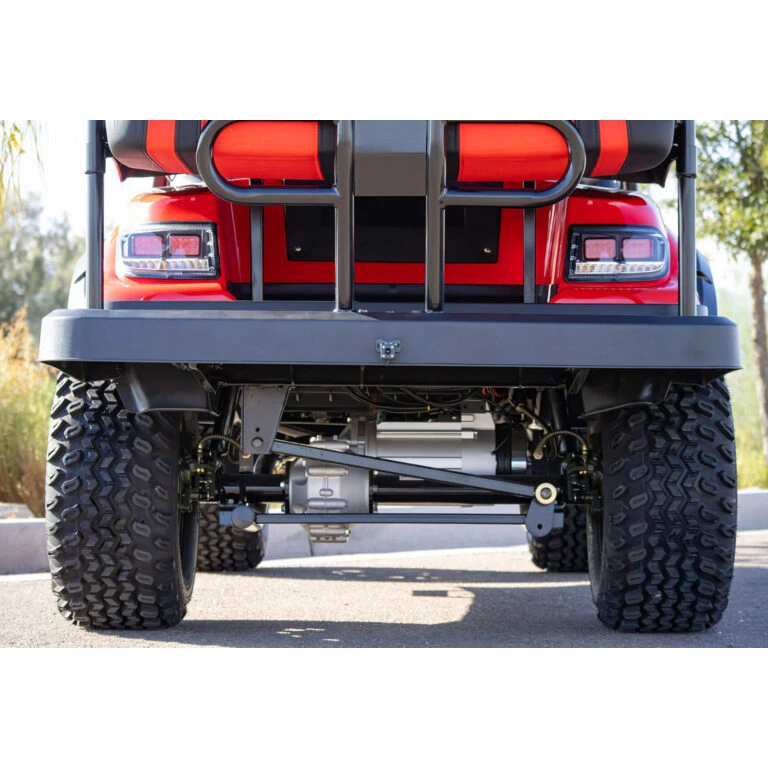 Rear view of ICON i40L lifted cart showing suspension and rear bumper - ideal for residential and resort use