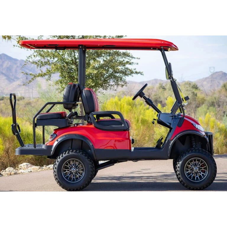 Side profile of ICON i40L lifted golf cart in red - street-legal with rugged tires and high ground clearance