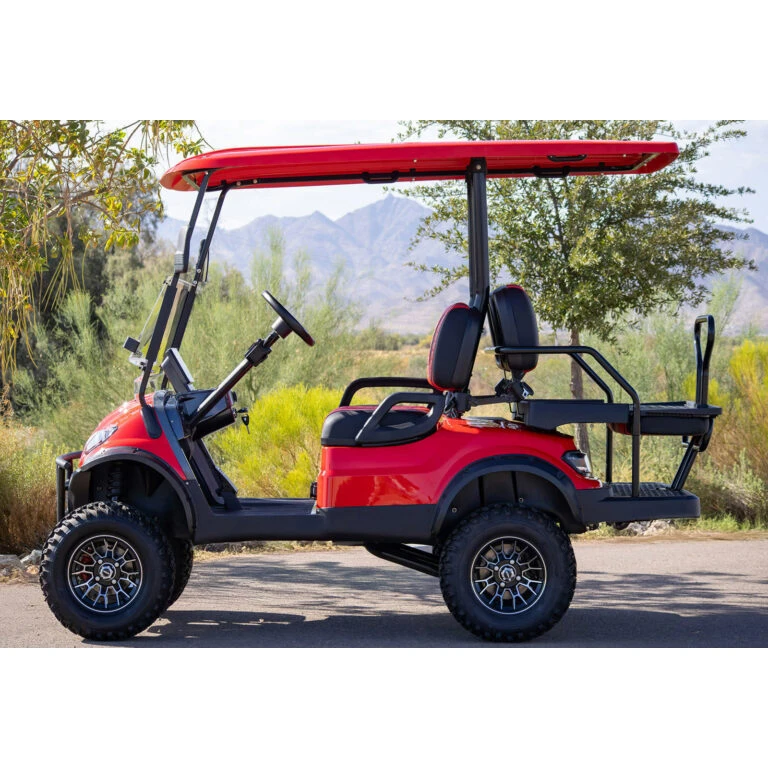 Side profile of ICON i40L lifted golf cart in red – rugged terrain-ready wheels