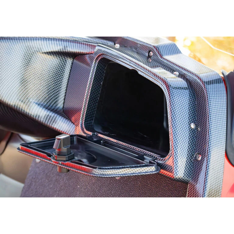 Locking glove compartment open on ICON i40L – built-in storage on carbon dash
