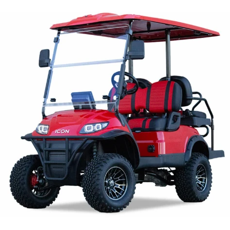 ICON i40L lifted electric golf cart in red with black trim – front-facing hero shot highlighting suspension