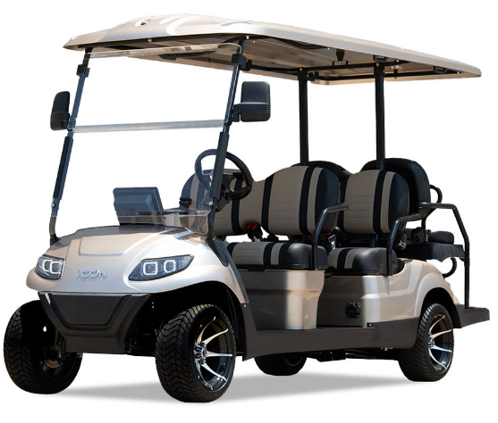 ICON i40 4-passenger electric golf cart in blue with black premium seats and extended roof, street-legal model shown at front angle